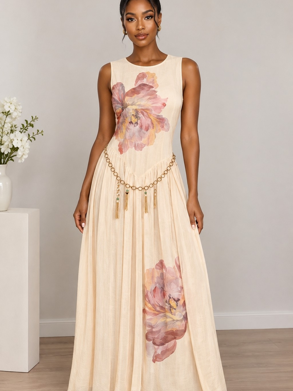 RACHEL Rachel Roy Cream Maxi Dress with Blush Floral Print